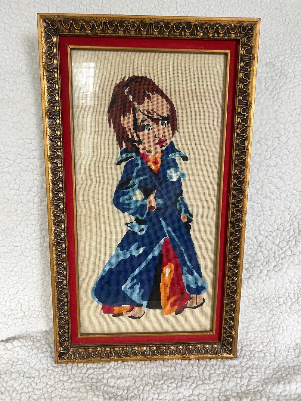 VTG 1970s blue jacket Greek male Needlepoint Embroidery, “blue eyed” art